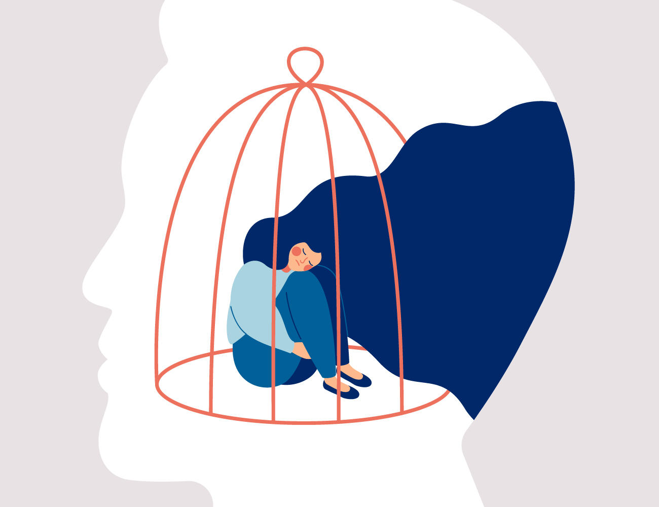 Illustration femme dans une cage dans la tête d'un homme